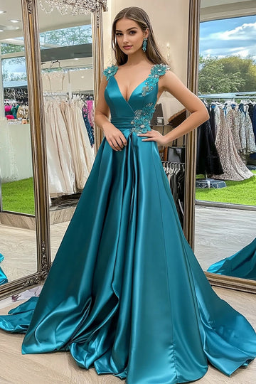 Peacock A Line V-Neck Appliqued Satin Prom Dress